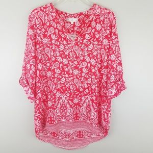 Pink Rose Red Paisley Floral Tunic Top High-Low
